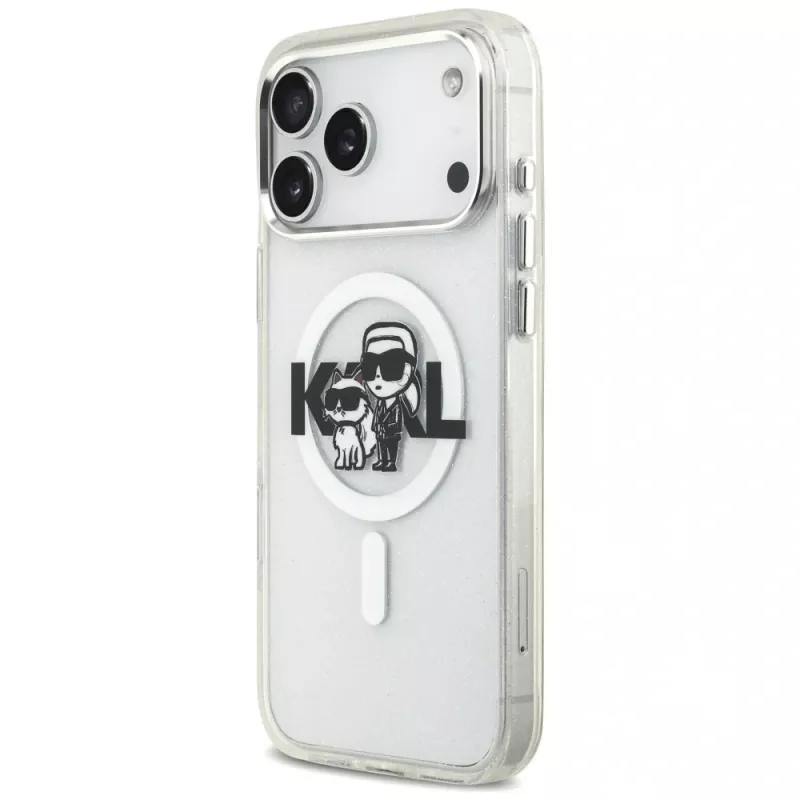 Karl Lagerfeld IML Glitter Karl & Choupette Sketch Logo MagSafe dėklas, skirtas iPhone 17 Pro Max, permatomas