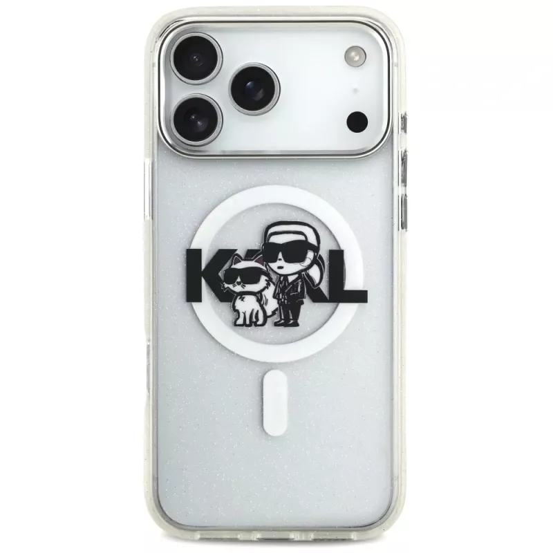 Karl Lagerfeld IML Glitter Karl & Choupette Sketch Logo MagSafe dėklas, skirtas iPhone 17 Pro Max, permatomas
