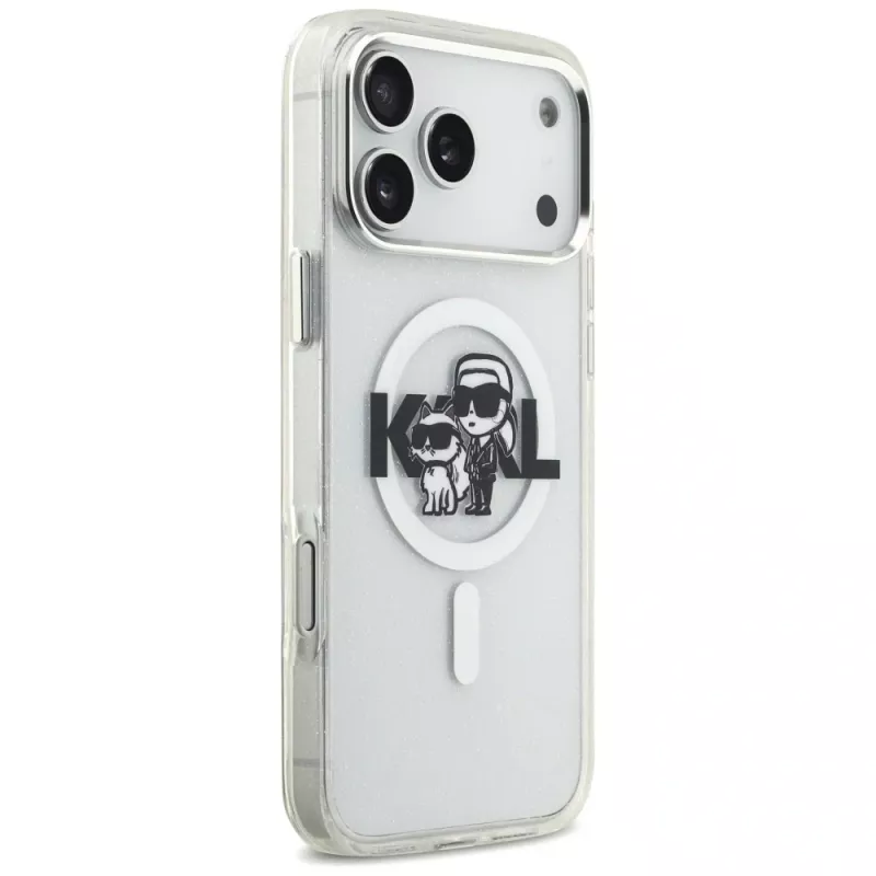 Karl Lagerfeld IML Glitter Karl & Choupette Sketch Logo MagSafe dėklas, skirtas iPhone 17 Pro Max, permatomas