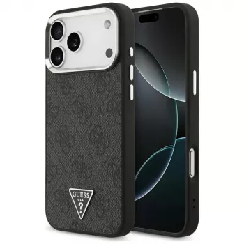 GUESS 4G Triangle Logo MagSafe dėklas, skirtas iPhone 18 Pro Max / 17 Pro Max – juodas ir sidabrinis