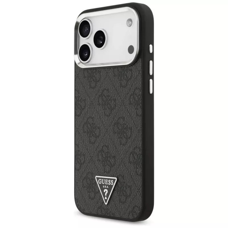 GUESS 4G Triangle Logo MagSafe dėklas, skirtas iPhone 18 Pro Max / 17 Pro Max – juodas ir sidabrinis
