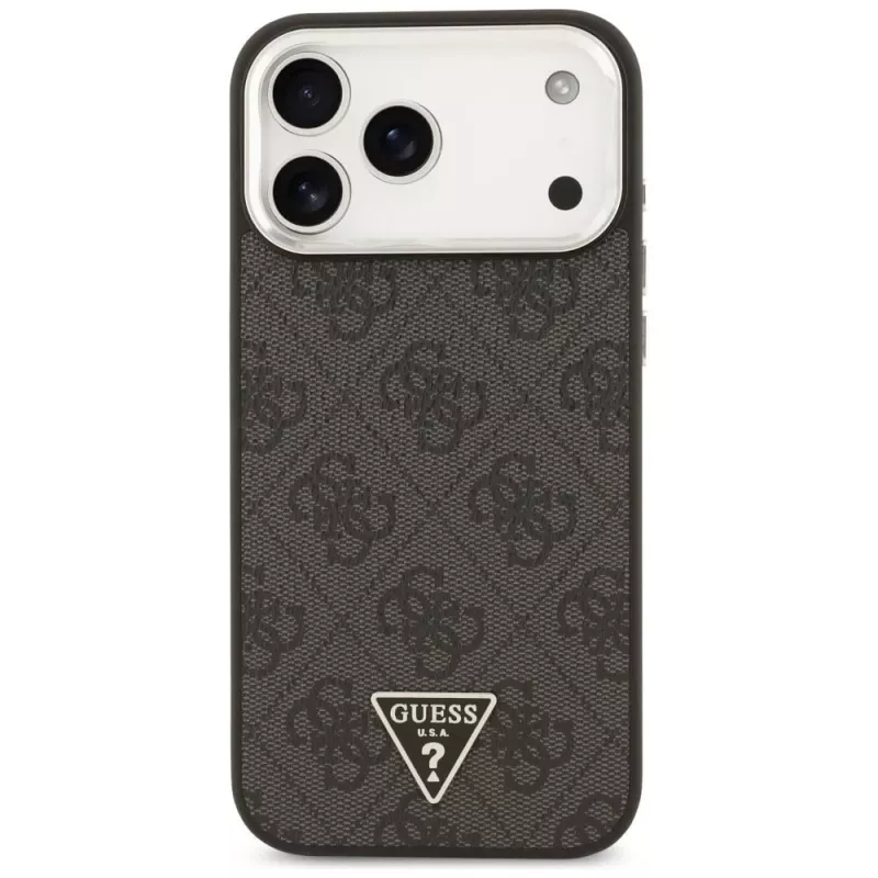 GUESS 4G Triangle Logo MagSafe dėklas, skirtas iPhone 18 Pro Max / 17 Pro Max – juodas ir sidabrinis