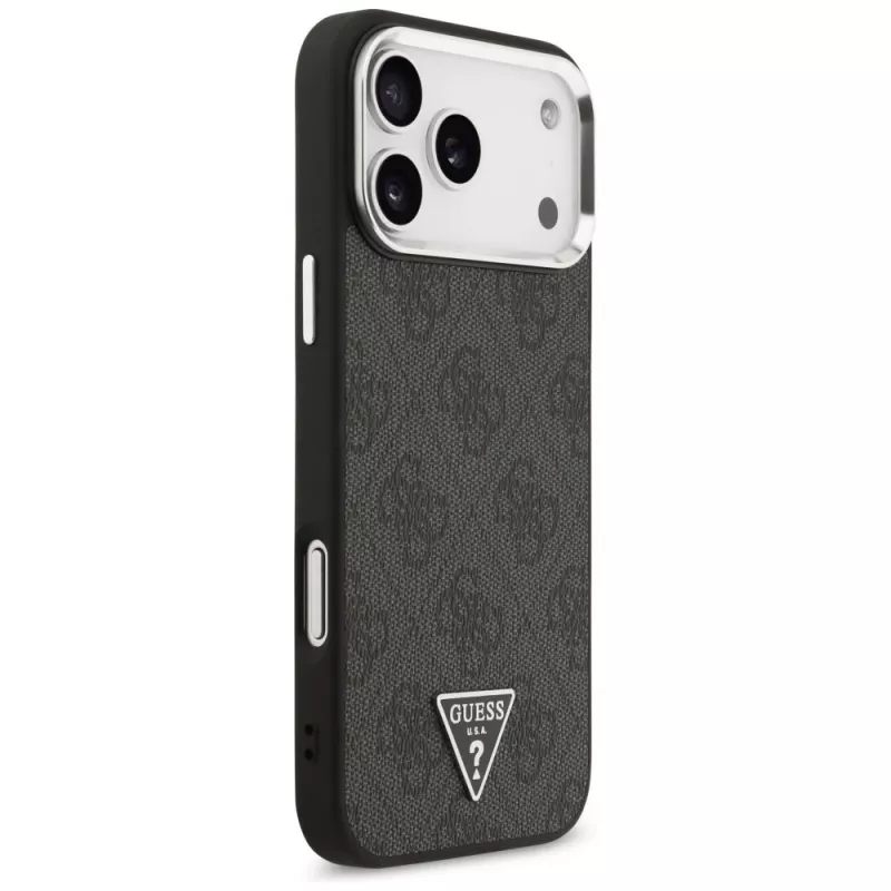 GUESS 4G Triangle Logo MagSafe dėklas, skirtas iPhone 18 Pro Max / 17 Pro Max – juodas ir sidabrinis