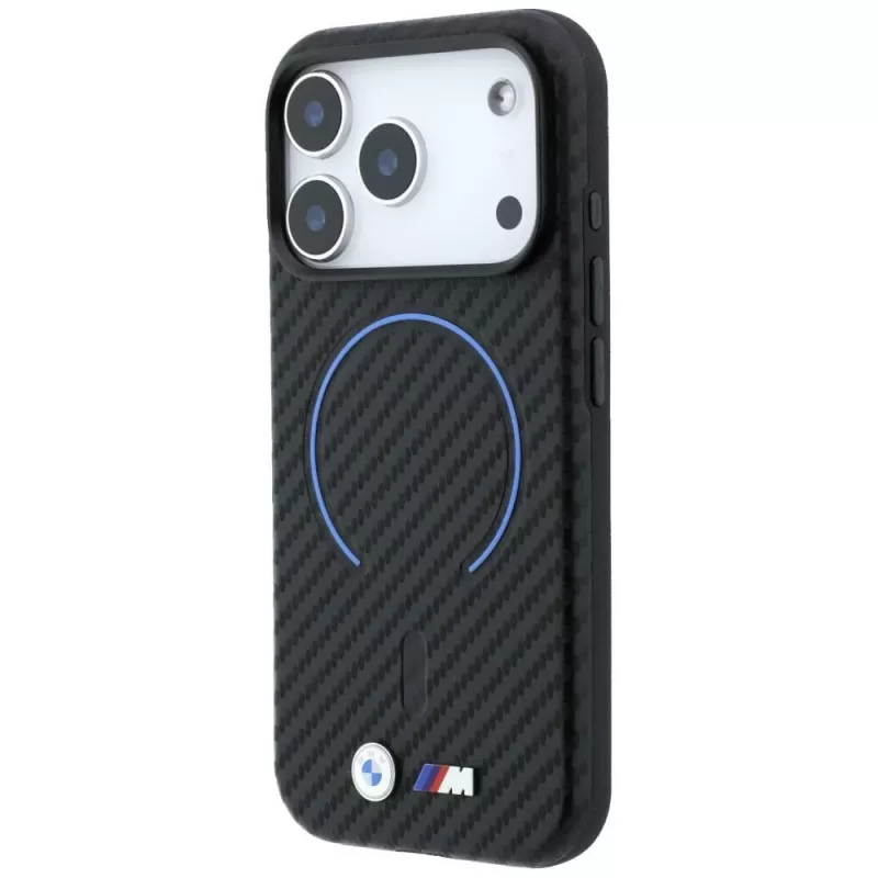 BMW M anglies pluošto rašto žiedo dėklas su MagSafe, skirtas iPhone 18 Pro Max / 17 Pro Max - juodas