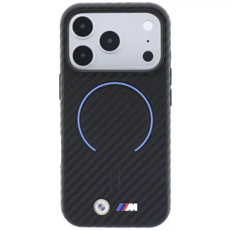 BMW M anglies pluošto rašto žiedo dėklas su MagSafe, skirtas iPhone 18 Pro Max / 17 Pro Max - juodas