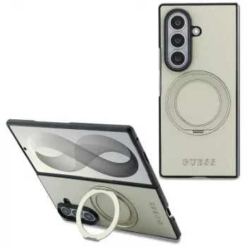 Guess Magnetic Ring Stand Grained Classic Logo MagSafe dėklas, skirtas Samsung Galaxy Z Fold 8 Ultra (smėlio spalvos)