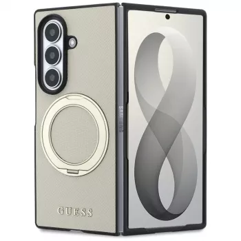 Guess Magnetic Ring Stand Grained Classic Logo MagSafe dėklas, skirtas Samsung Galaxy Z Fold 8 Ultra (smėlio spalvos)