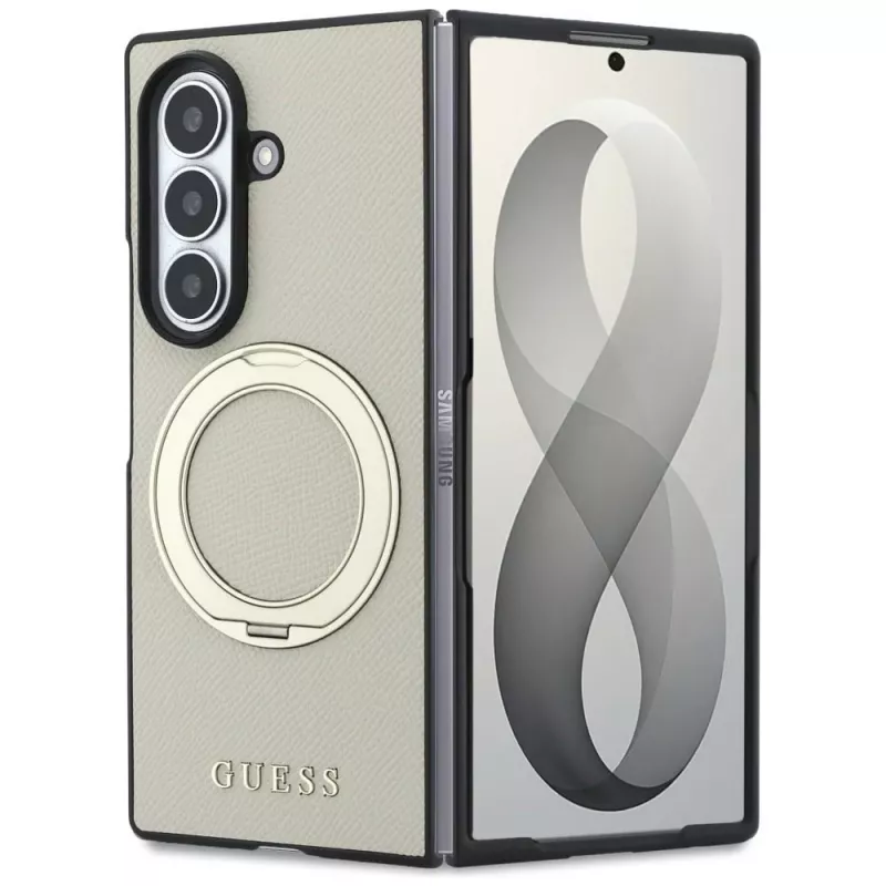 Guess Magnetic Ring Stand Grained Classic Logo MagSafe dėklas, skirtas Samsung Galaxy Z Fold 8 Ultra (smėlio spalvos)