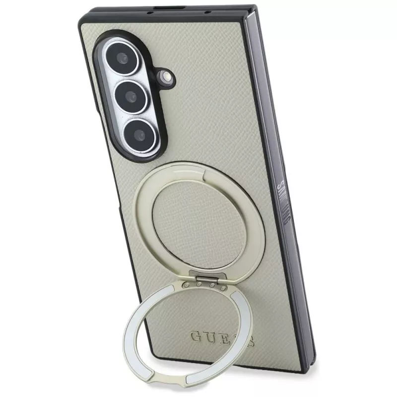 Guess Magnetic Ring Stand Grained Classic Logo MagSafe dėklas, skirtas Samsung Galaxy Z Fold 8 Ultra (smėlio spalvos)