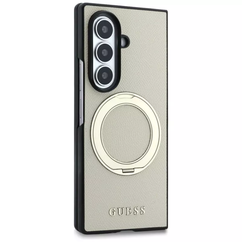 Guess Magnetic Ring Stand Grained Classic Logo MagSafe dėklas, skirtas Samsung Galaxy Z Fold 8 Ultra (smėlio spalvos)