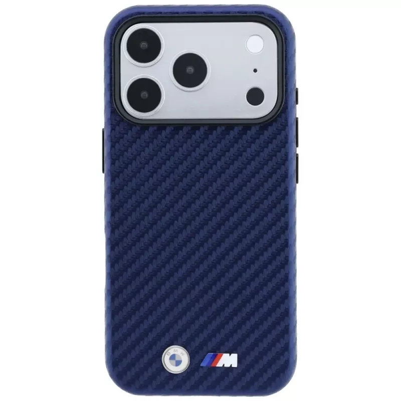 BMW M Carbon Metal Logo MagSafe dėklas, skirtas iPhone 18 Pro Max / 17 Pro Max - tamsiai mėlynas
