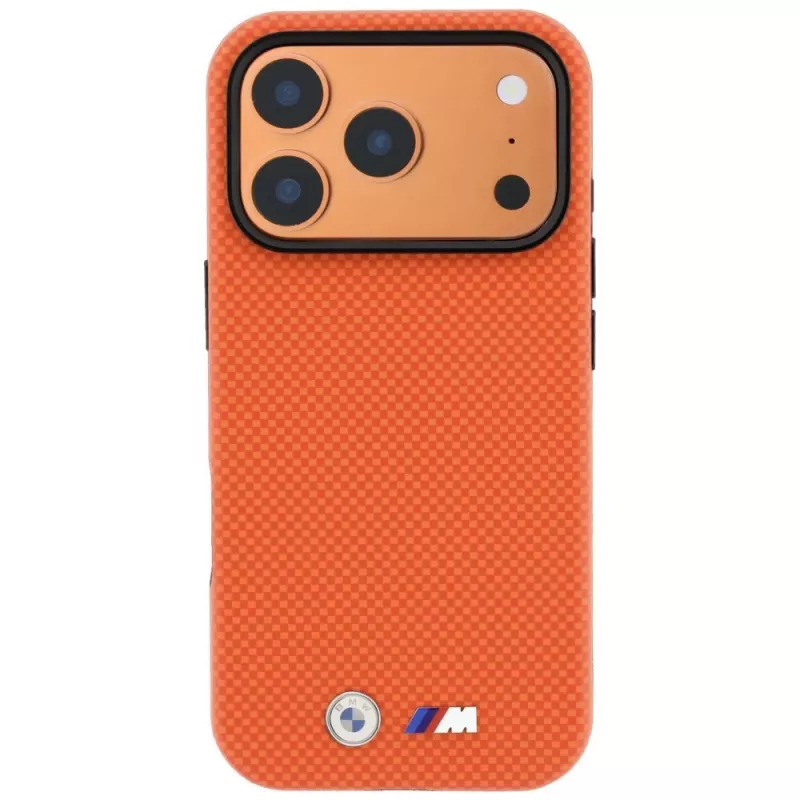BMW M Quadrille Kevlar Metal Logo MagSafe dėklas, skirtas iPhone 18 Pro / 17 Pro – oranžinis
