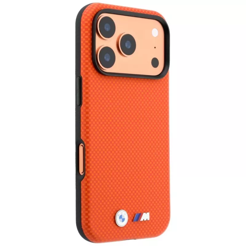 BMW M Quadrille Kevlar Metal Logo MagSafe dėklas, skirtas iPhone 18 Pro / 17 Pro – oranžinis