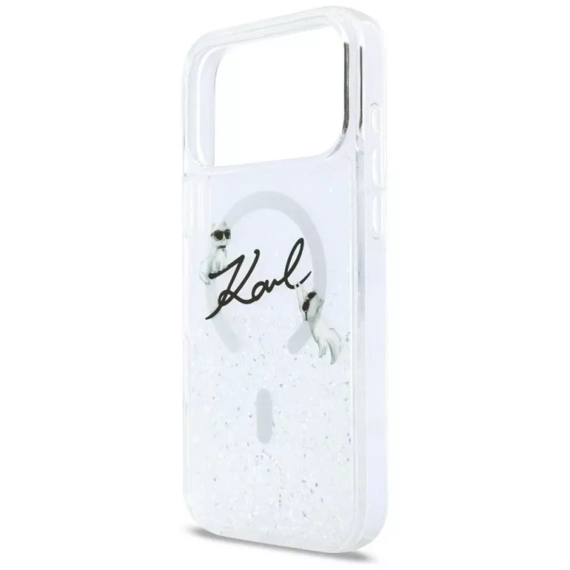 Karl Lagerfeld Liquid Glitter Karl Script Logo MagSafe dėklas, skirtas iPhone 17 Pro, permatomas
