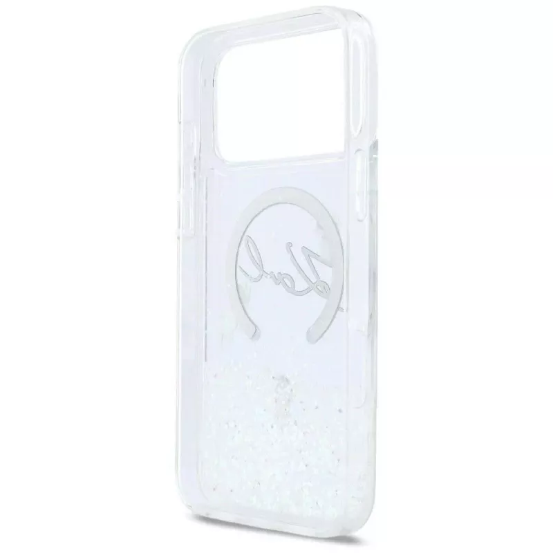 Karl Lagerfeld Liquid Glitter Karl Script Logo MagSafe dėklas, skirtas iPhone 17 Pro, permatomas