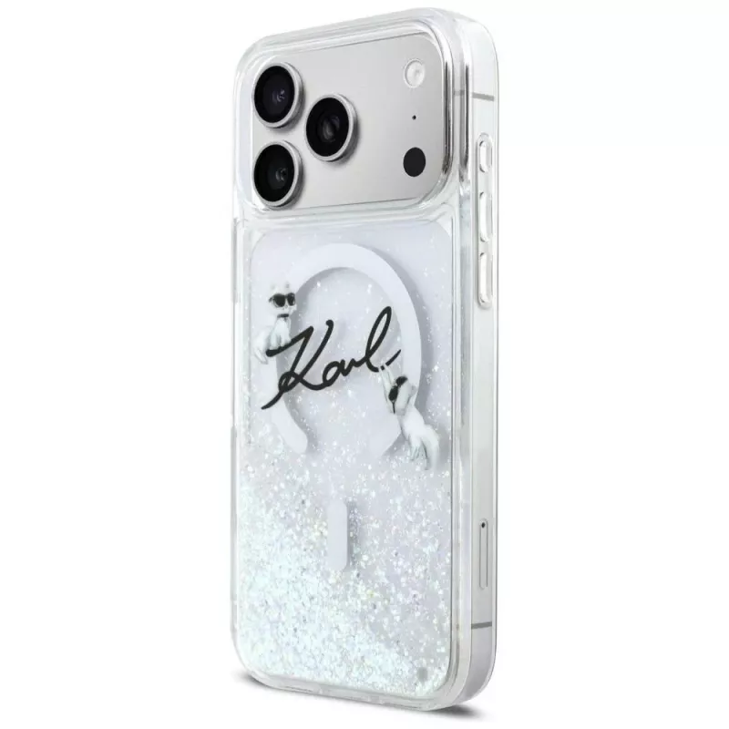 Karl Lagerfeld Liquid Glitter Karl Script Logo MagSafe dėklas, skirtas iPhone 17 Pro, permatomas