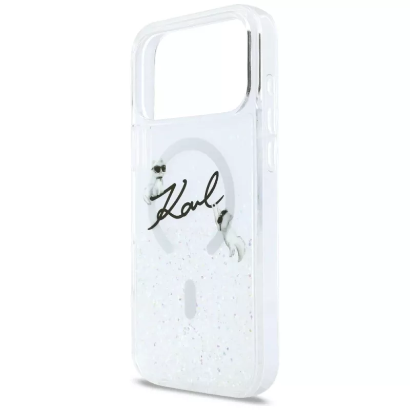 Karl Lagerfeld Liquid Glitter Karl Script Logo MagSafe dėklas, skirtas iPhone 17 Pro Max, permatomas