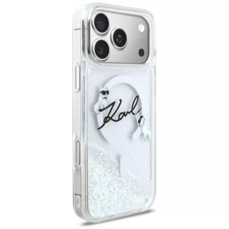 Karl Lagerfeld Liquid Glitter Karl Script Logo MagSafe dėklas, skirtas iPhone 17 Pro Max, permatomas