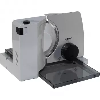 Ritter Compact 7 elektrinė maisto pjaustyklė su 65 W Eco varikliu, dantytu nerūdijančio plieno peiliu, 0-20 mm pjovimo storiu, sulankstomu dizainu, siurbtukais, juoda/sidabrinė