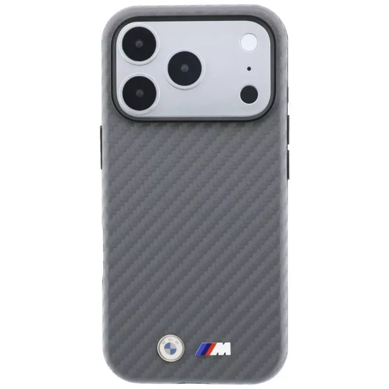 BMW M Carbon Metal Logo MagSafe dėklas, skirtas iPhone 18 Pro / 17 Pro - pilkas