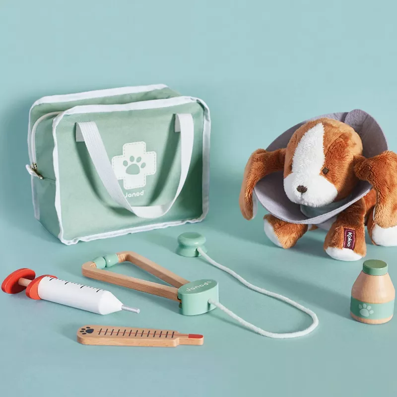Janod Veterinarijos rinkinys - 10 dalių vaidmenų žaidimų rinkinys su mediniais instrumentais ir audinio dėklu