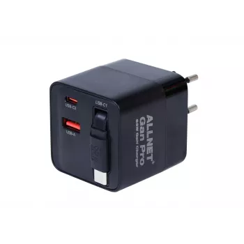 ALLNET 65W GaN USB-C PD sieninis įkroviklis su Quick Charge 3.0, 2x USB-C ir 1x USB-A