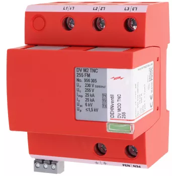 DEHN DEHNventil M2 TNC 255 FM kombinuotas žaibo ir įtampos iškroviklis 1+2+3 tipas, 3 polių, 255 V AC, 35 mm DIN bėgelis