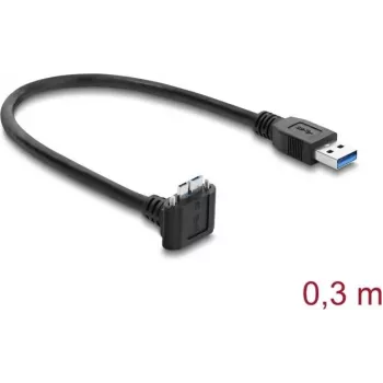 Delock USB 5 Gbps laidas USB Type-A kištukas į USB Micro-B kištuką su fiksavimo varžtais 90° kampu į viršų 0,3 m juodos spalvos