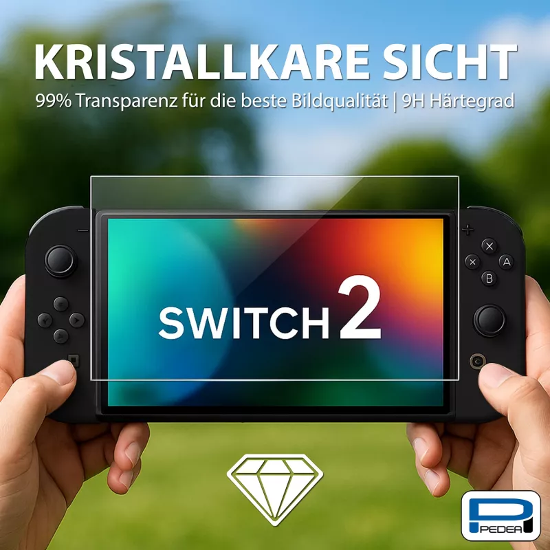 PEDEA grūdinto stiklo ekrano apsauga, skirta Nintendo Switch 2 (2025) – 9H kietumas, HD aiškumas, be burbuliukų, 2.5D kraštai