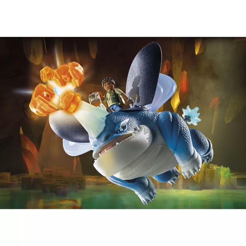 Playmobil 71082 Dragons: The Nine Realms – Plowhorn ir D'Angelo su krištolo uolos sprogdinimo funkcija