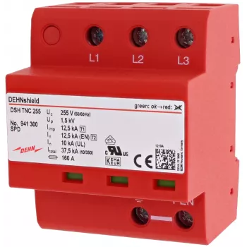 DEHN DSH TNC 255 4 polių 1+2 tipo kombinuotas viršįtampių iškroviklis TN-C sistemoms, 255 V AC, 25 kA (10/350 µs) vienam poliui, 100 kA bendras, DIN bėgeliui, raudonas