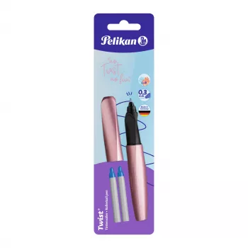 Pelikan Twist plunksninis rašiklis rožinis-mėlynas, vidutinis antgalis - ergonomiška forma dešiniarankiams ir kairiarankiams, lizdinė pakuotė