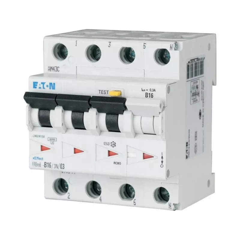 Eaton FRBM6-C16/3N/003-A liekamosios srovės ir automatinis jungiklis (RCBO), 16 A, 30 mA, 3P+N, A tipas, C kreivė (170999)