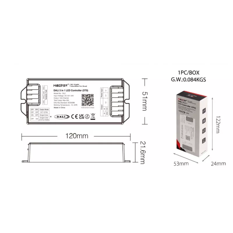MIBOXER DL2 Synergy 21 LED DALI 3in1 valdiklis (DT8) su MiLight/MiBoxer RF, 5 kanalų RGB+CCT, 12-24V DC, 15A maks.