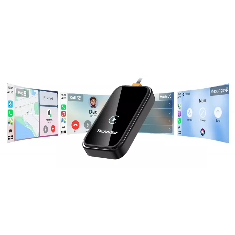 TechniSat Technicast 100 belaidis CarPlay ir Android Auto adapteris – juodas, USB-C, Plug & Play