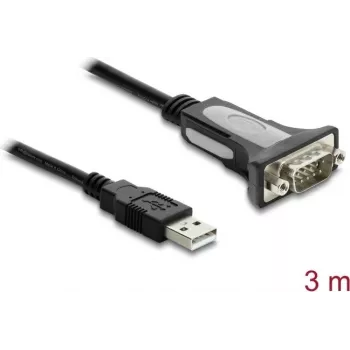 Delock USB 2.0 Type-A į RS-232 serijinį adapterį laidas su DB9 vyrišku jungtimi ir fiksavimo veržlėmis, 3 m