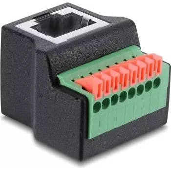 Delock RJ45 moteriškas į 8 kontaktų gnybtų bloką adapteris, 90° kampu, su mygtuku, juodas