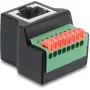 Delock RJ45 moteriškas į 8 kontaktų gnybtų bloką adapteris, 90° kampu, su mygtuku, juodas
