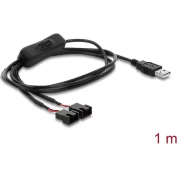 Delock USB Type-A kištukas į 2 x 4 kontaktų ventiliatoriaus jungtį su įjungimo/išjungimo mygtuku, 1 m, juoda