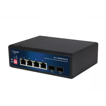 ALLNET ALL-SGI8104v3 pramoninis nevaldomas 2 lygmens komutatorius, 6 GbE prievadai, 4x GbE RJ45, 2x SFP, be ventiliatoriaus, IP40