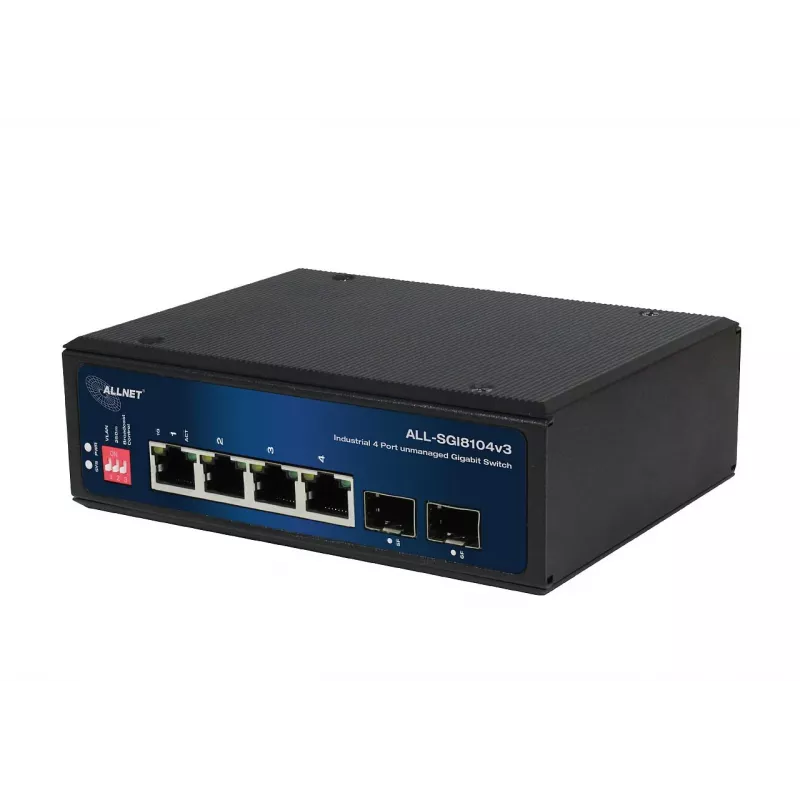 ALLNET ALL-SGI8104v3 pramoninis nevaldomas 2 lygmens komutatorius, 6 GbE prievadai, 4x GbE RJ45, 2x SFP, be ventiliatoriaus, IP40