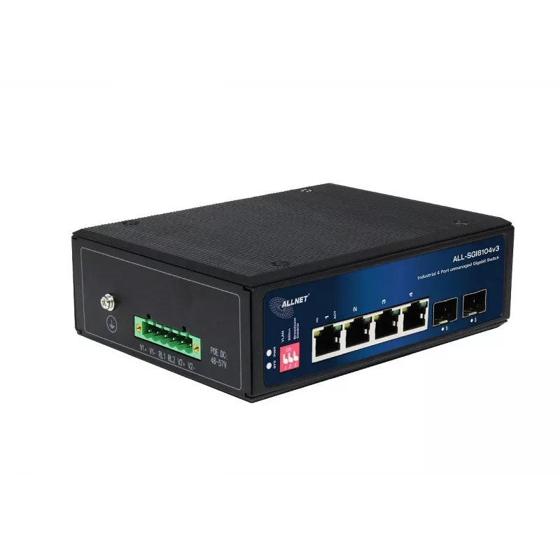 ALLNET ALL-SGI8104v3 pramoninis nevaldomas 2 lygmens komutatorius, 6 GbE prievadai, 4x GbE RJ45, 2x SFP, be ventiliatoriaus, IP40