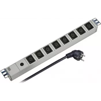 EFB Elektronik 691697 1U 19 colių stovo PDU, 8x IEC C13 lizdai, 10A, 250V, aliuminio korpusas, įjungimo/išjungimo jungiklis