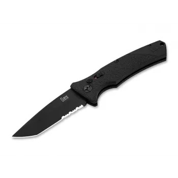 Heckler & Koch FD01 automatinis Tanto D2 lenkiamas peilis, juoda aliuminio rankena, D2 plieno ašmenys, mygtuko fiksatorius, 85 mm ašmenys