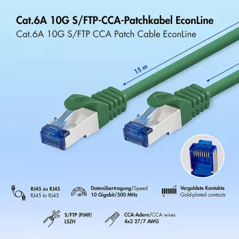 LogiLink Cat.6A S/FTP LSZH Patch Laidas, 15m, žalias, EconLine