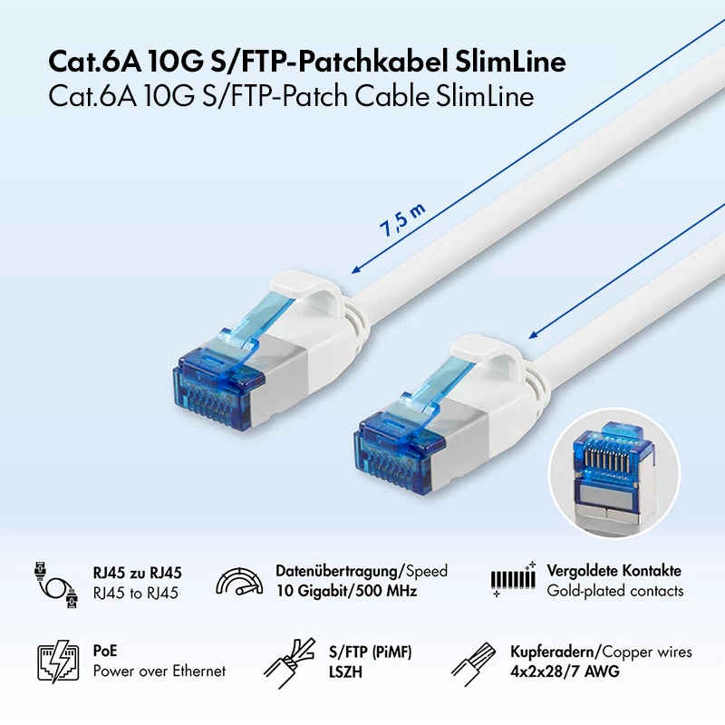 LogiLink SlimLine Cat.6A S/FTP LSZH Patch Cable, balta, 7,5 m