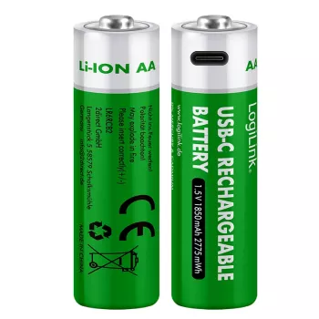 LogiLink LR6RCB2 USB-C įkraunamos AA ličio jonų baterijos, 2 vnt., 1,5V pastovi įtampa, 2600 mWh