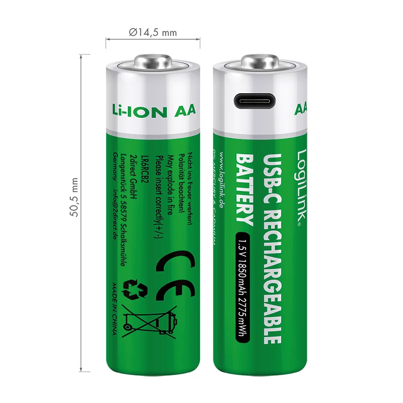 LogiLink LR6RCB2 USB-C įkraunamos AA ličio jonų baterijos, 2 vnt., 1,5V pastovi įtampa, 2600 mWh