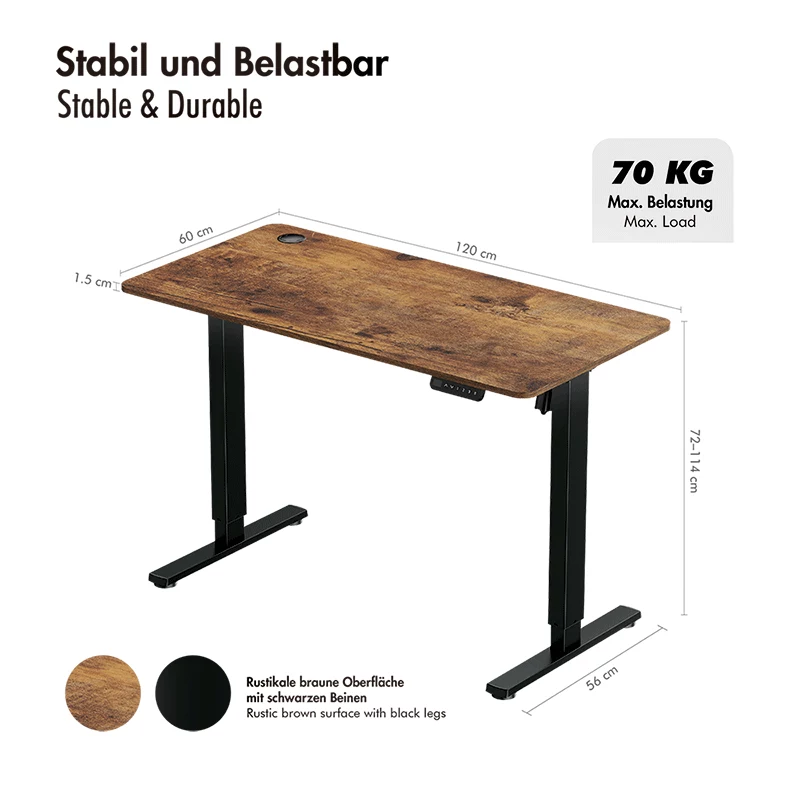 LOGILINK EO0057 elektrinis stalas su reguliuojamu aukščiu, 120x60 cm, vienas variklis, rudas stalviršis, 70 kg apkrova
