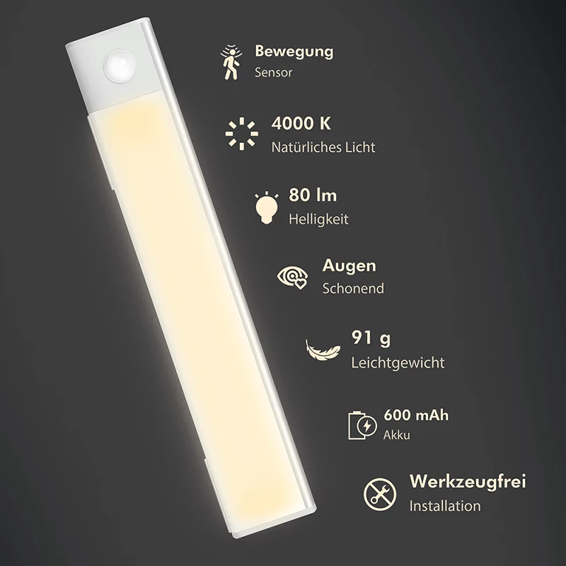 LogiLink LED po spintele šviesa, itin plona, PIR jutiklis, 200mm, 80lm, USB-C įkraunama, magnetinis tvirtinimas, šalta balta